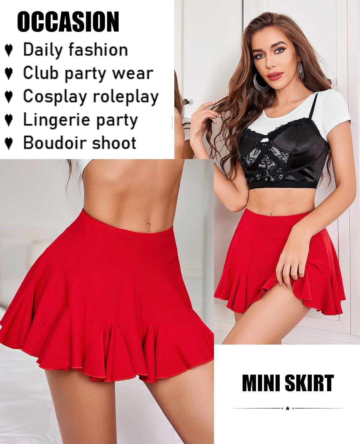 image:imageAvidlove Mini Skirt for Women Sexy Pleated Skirts High Waist Skater Skirt Ruffle Lingerie SkirtsRed