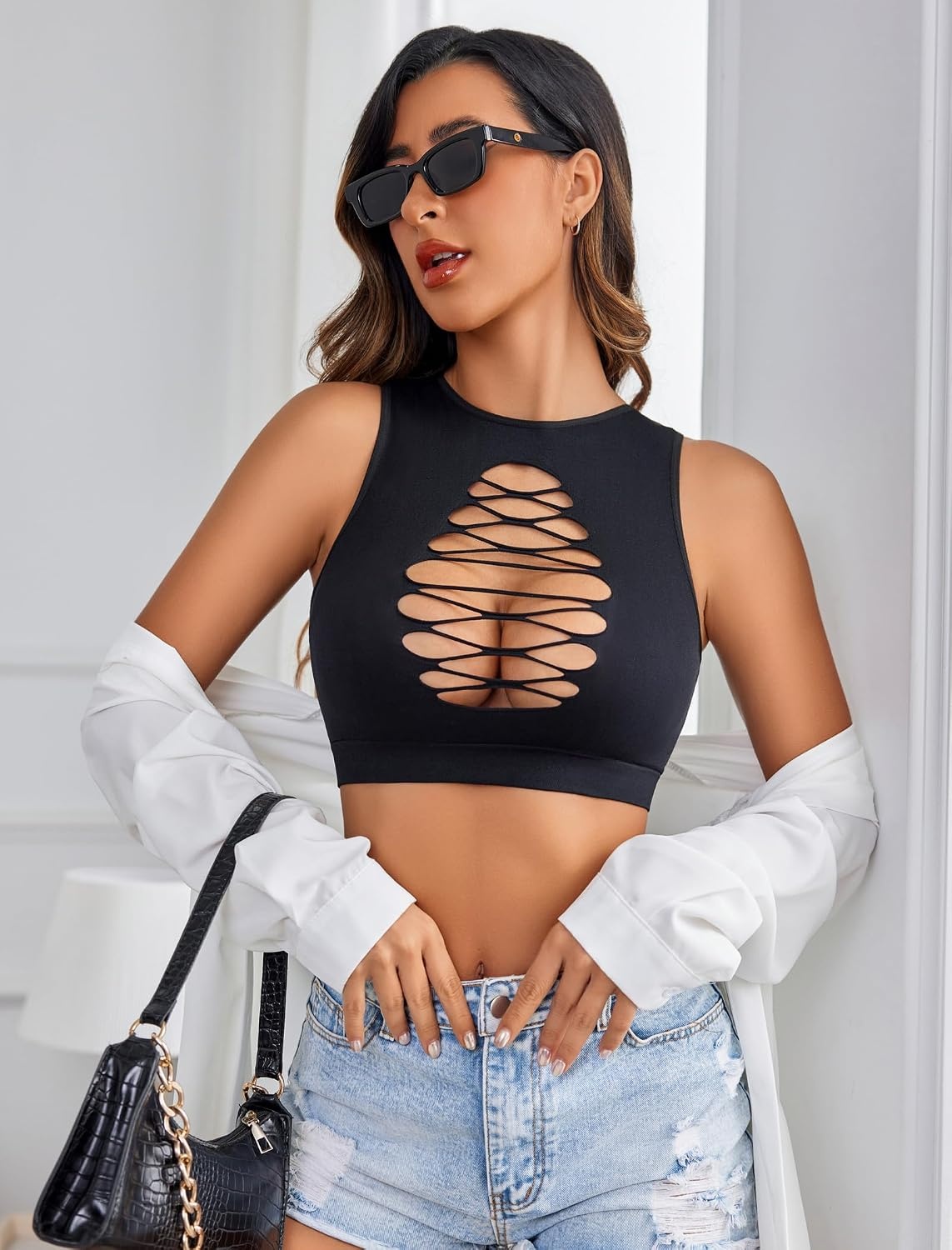 image:imageAvidlove Womens Fishnet Top Sexy Cut Out Crop Short Hollow Out Cropped Tank TopS M LBlack