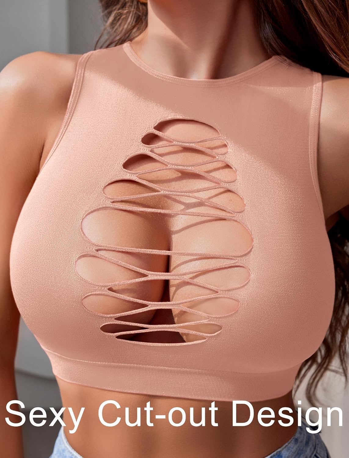 image:imageAvidlove Womens Fishnet Top Sexy Cut Out Crop Short Hollow Out Cropped Tank TopS M LLight Pink