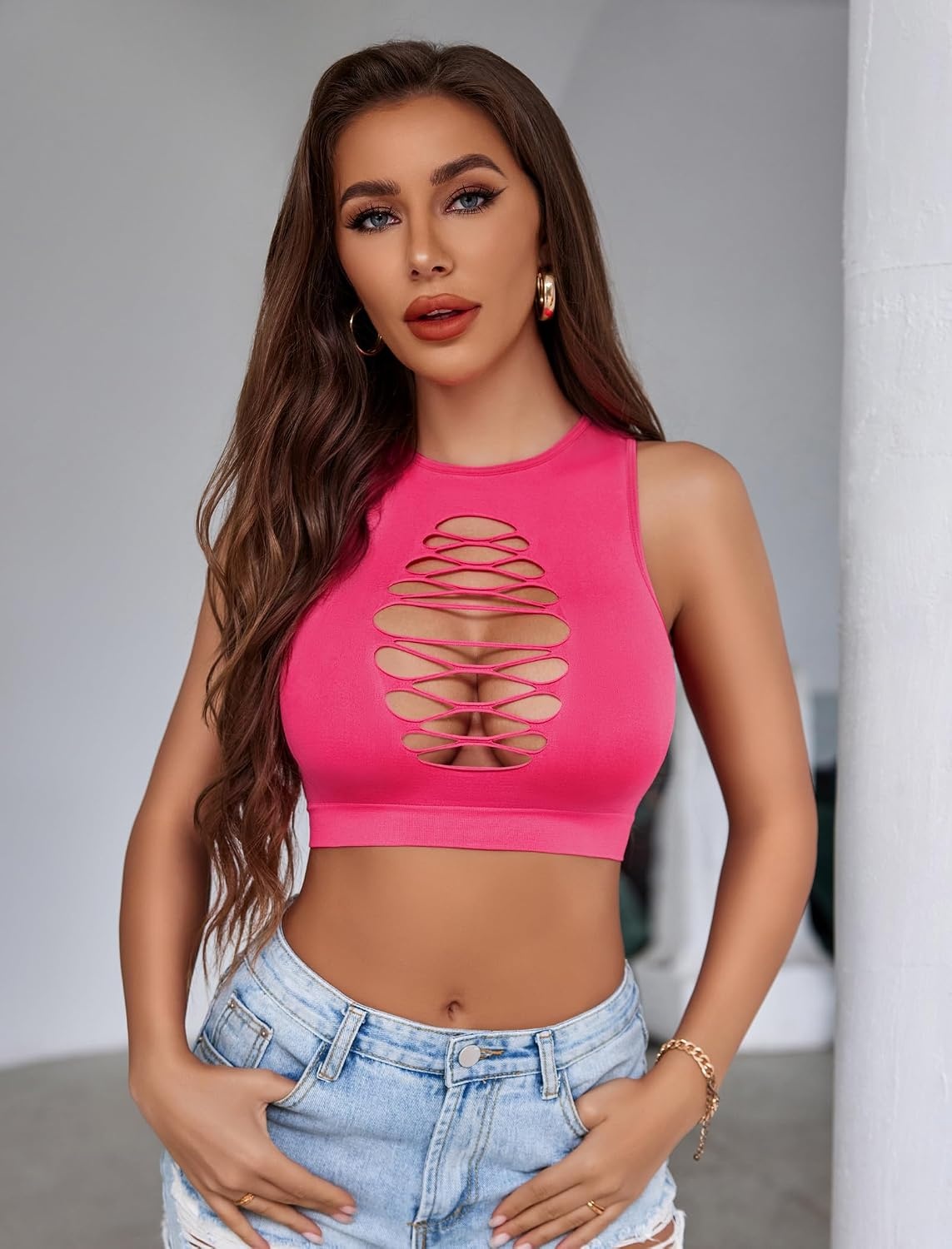 image:imageAvidlove Womens Fishnet Top Sexy Cut Out Crop Short Hollow Out Cropped Tank TopS M LRose Red