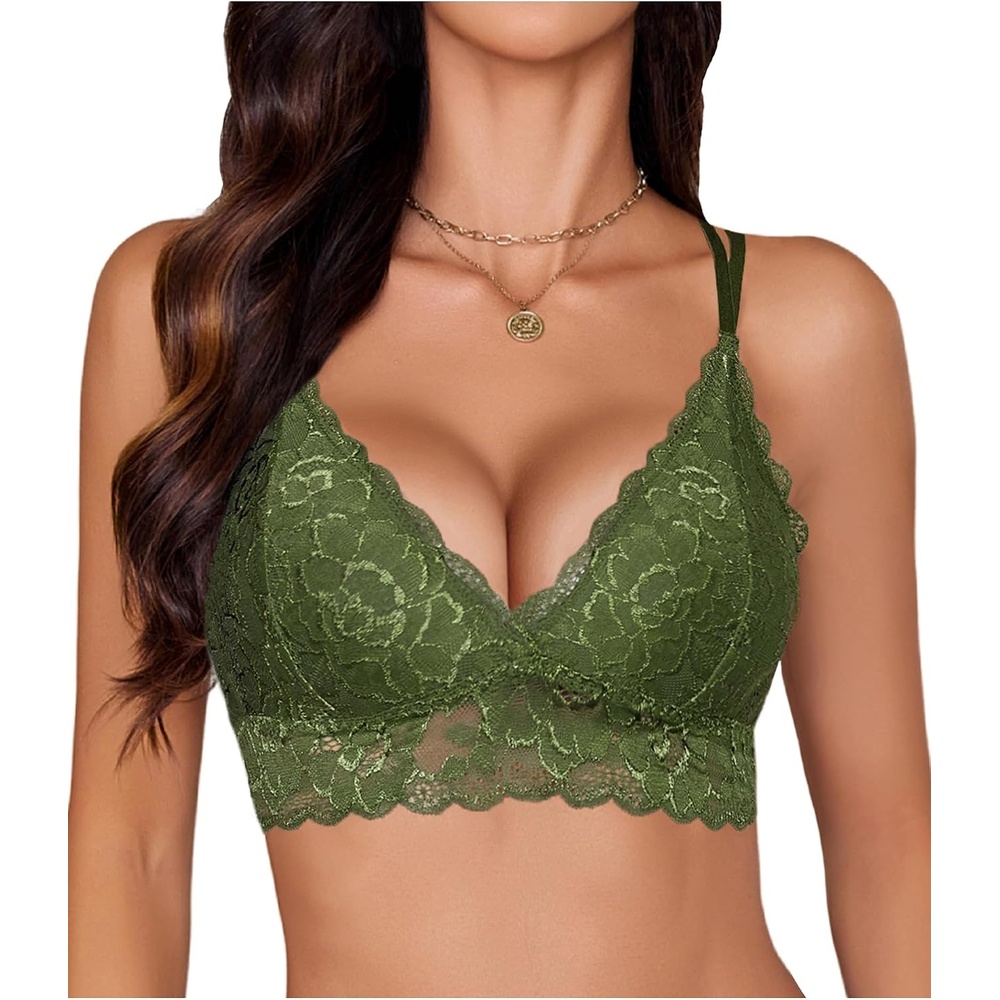 image:imageAvidlove Bras for Women Floral Lace Bralettes Deep V Sexy Bras Cross Back Longline Bralette No PaddedArmy Green