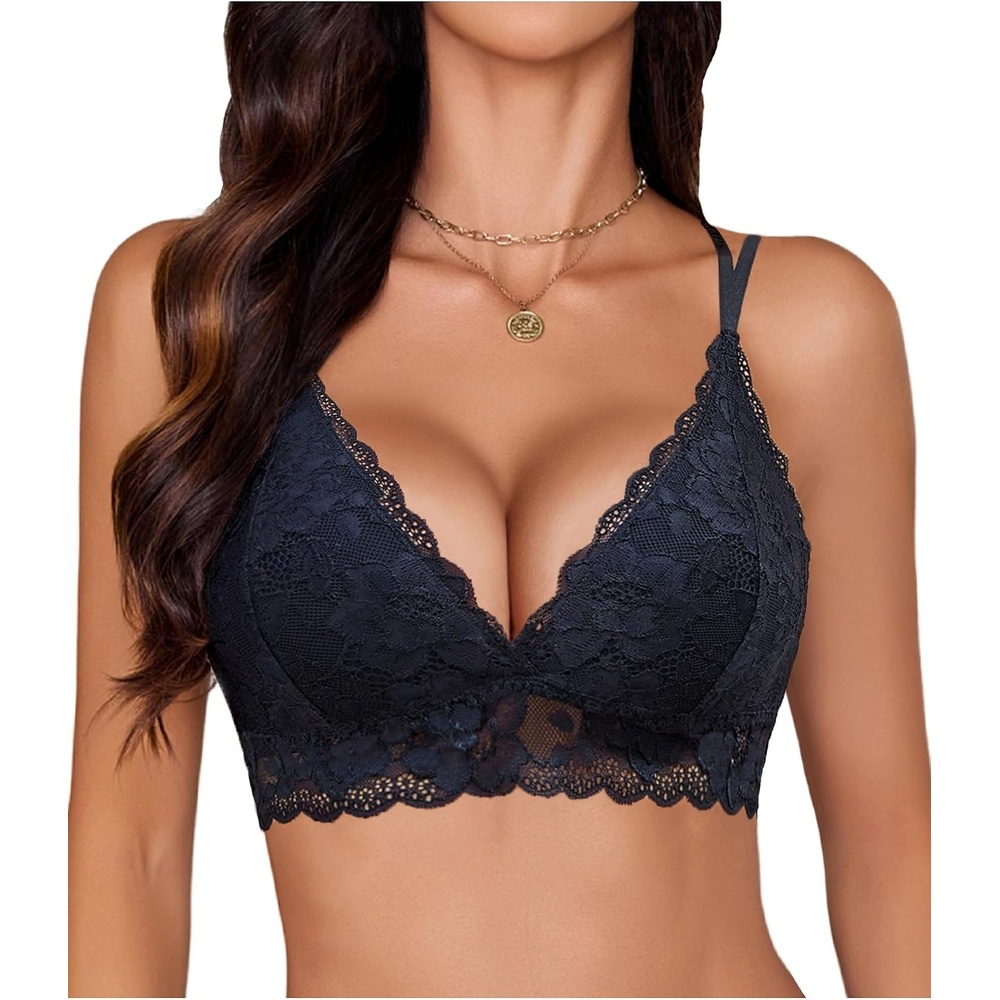 image:imageAvidlove Bras for Women Floral Lace Bralettes Deep V Sexy Bras Cross Back Longline Bralette No PaddedBlack