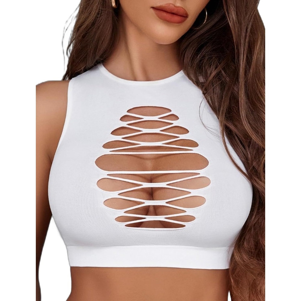 image:imageAvidlove Womens Fishnet Top Sexy Cut Out Crop Short Hollow Out Cropped Tank TopS M LWhite