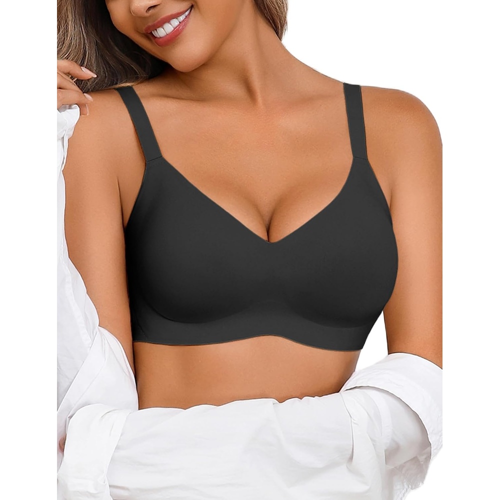 image:imageAvidlove Womens Wireless Bras Lace Seamless Bras Padded Full Coverage Bralette Comfortable V Neck T Shirt Everyday BraBlack