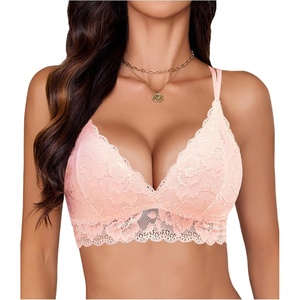 Avidlove Bras for Women Floral Lace Bralettes Deep V Sexy Bras Cross Back Longline Bralette No Padded(Light Pink)