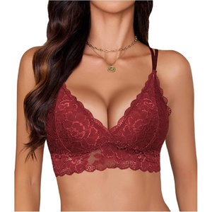 Avidlove Bras for Women Floral Lace Bralettes Deep V Sexy Bras Cross Back Longline Bralette No Padded(Wine Red)