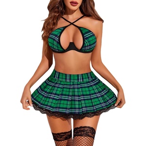 Avidlove Lingerie Set for Women with Underwire Two Piece Lingerie Sets Sexy Outfit Lingerie Set with Lace Mini Pleated Skirt(Green Plaid)