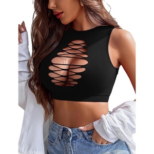 Avidlove Women’s Fishnet Top Sexy Cut Out Crop Short Hollow Out Cropped Tank Top(S M L)(Black)
