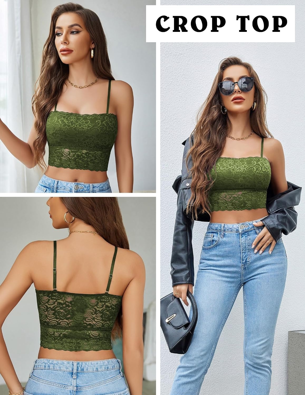 image:imageAvidlove Bralettes for Women Lace Spaghetti Strap Tank Top Tube Slim Basic CamisoleArmy Green