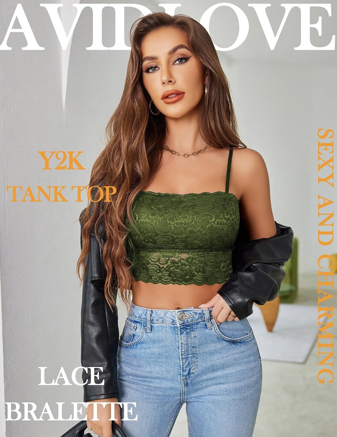 image:imageAvidlove Bralettes for Women Lace Spaghetti Strap Tank Top Tube Slim Basic CamisoleArmy Green