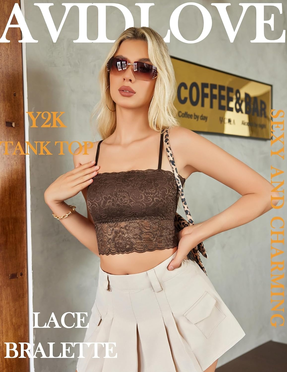 image:imageAvidlove Bralettes for Women Lace Spaghetti Strap Tank Top Tube Slim Basic CamisoleBrown