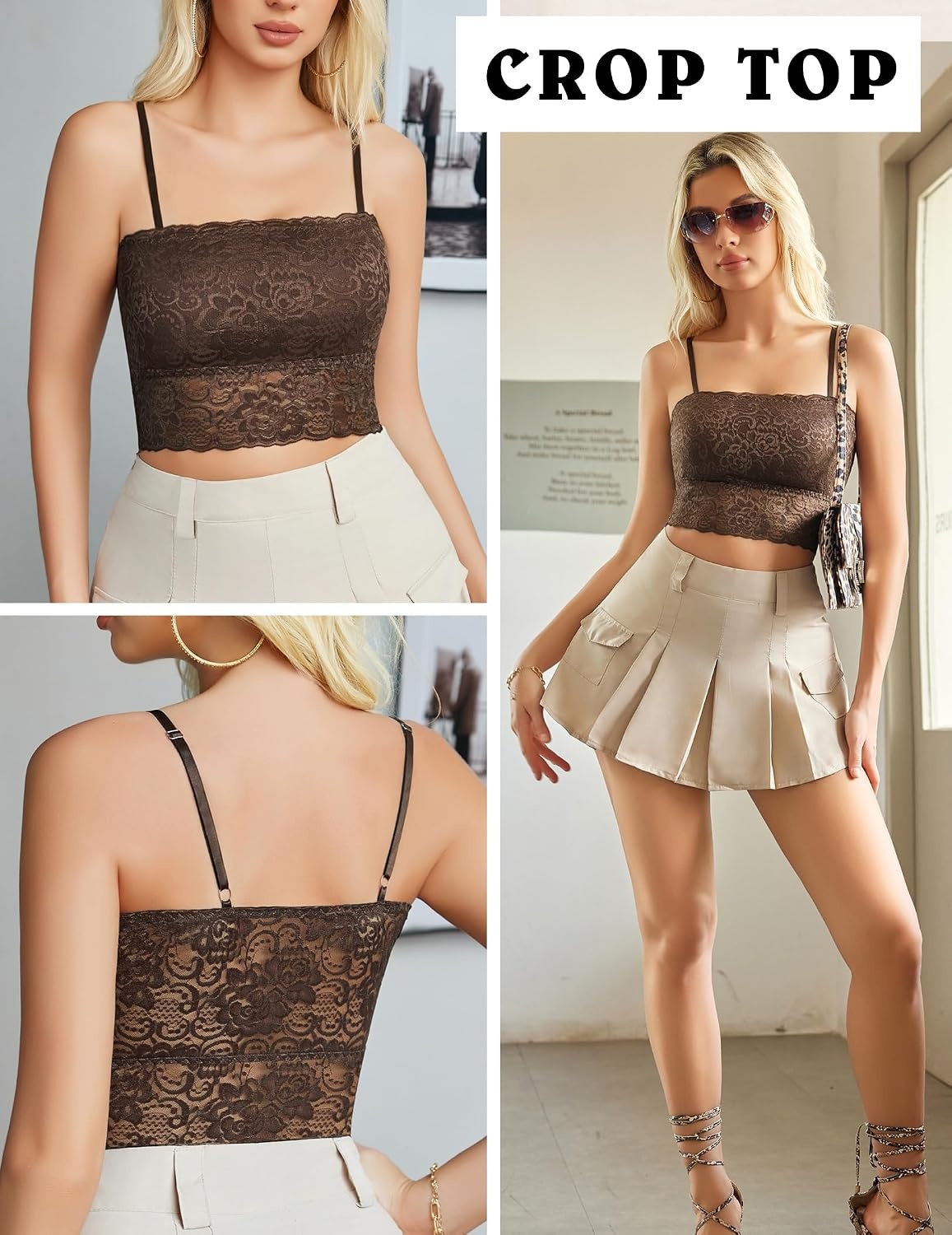 image:imageAvidlove Bralettes for Women Lace Spaghetti Strap Tank Top Tube Slim Basic CamisoleBrown