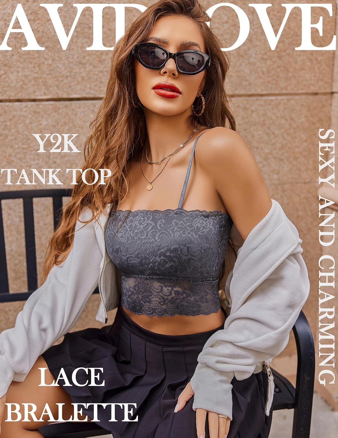 image:imageAvidlove Bralettes for Women Lace Spaghetti Strap Tank Top Tube Slim Basic CamisoleDark Gray