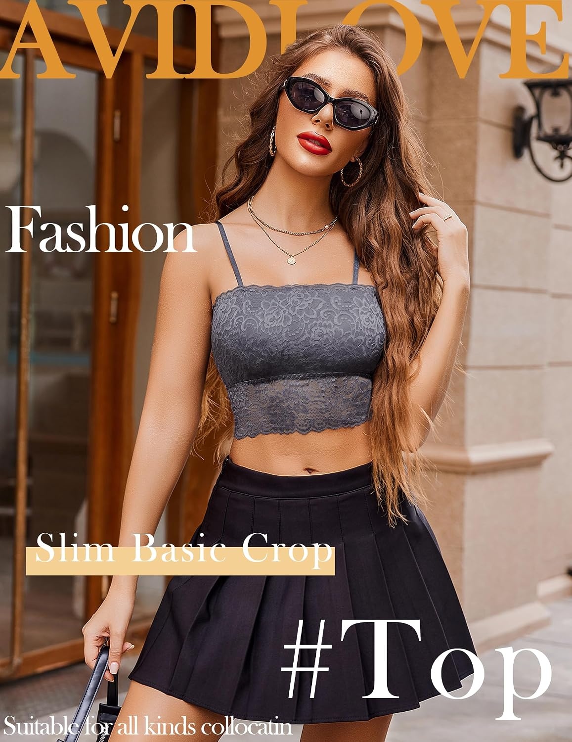image:imageAvidlove Bralettes for Women Lace Spaghetti Strap Tank Top Tube Slim Basic CamisoleDark Gray