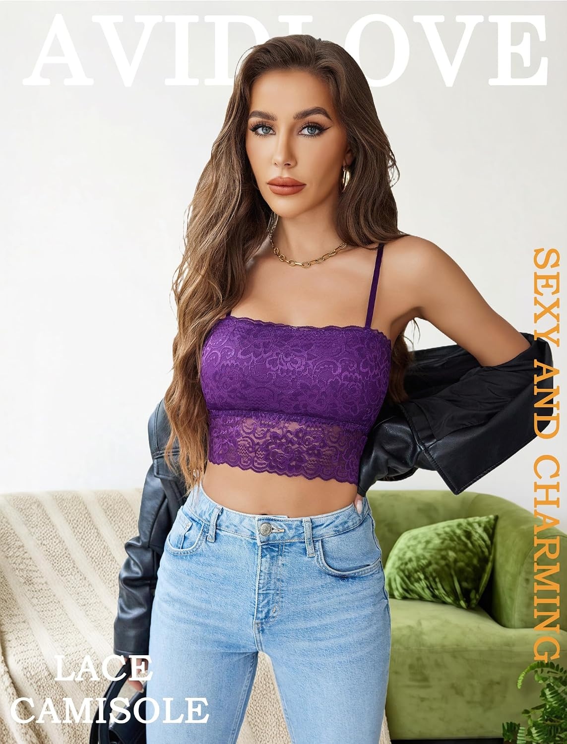 image:imageAvidlove Bralettes for Women Lace Spaghetti Strap Tank Top Tube Slim Basic CamisoleDark Purple