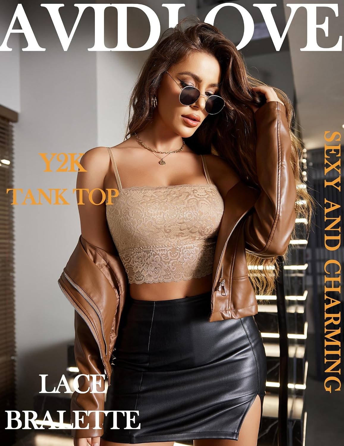 image:imageAvidlove Bralettes for Women Lace Spaghetti Strap Tank Top Tube Slim Basic CamisoleKhaki