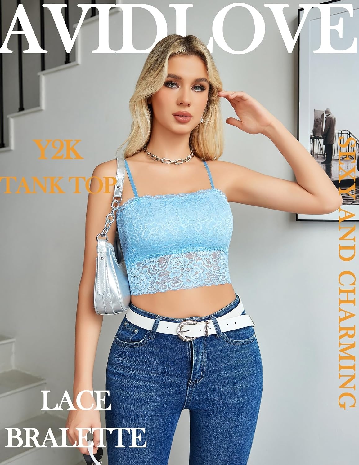 image:imageAvidlove Bralettes for Women Lace Spaghetti Strap Tank Top Tube Slim Basic CamisoleLight Blue