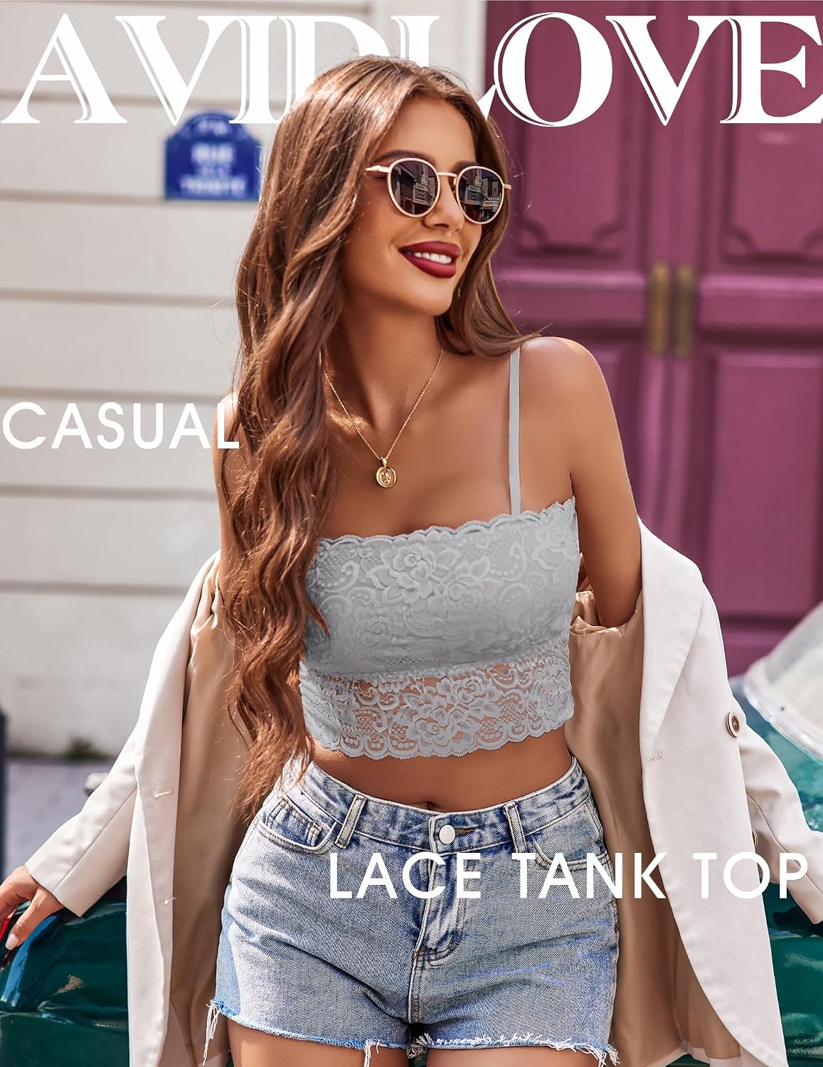 image:imageAvidlove Bralettes for Women Lace Spaghetti Strap Tank Top Tube Slim Basic CamisoleLight Gray