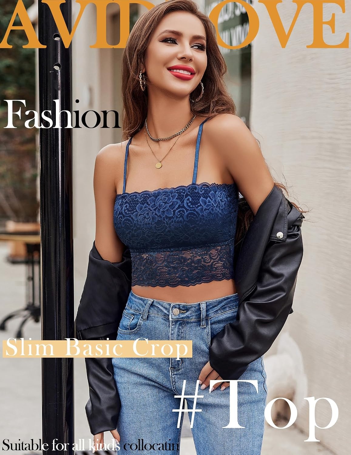 image:imageAvidlove Bralettes for Women Lace Spaghetti Strap Tank Top Tube Slim Basic CamisoleNavy Blue