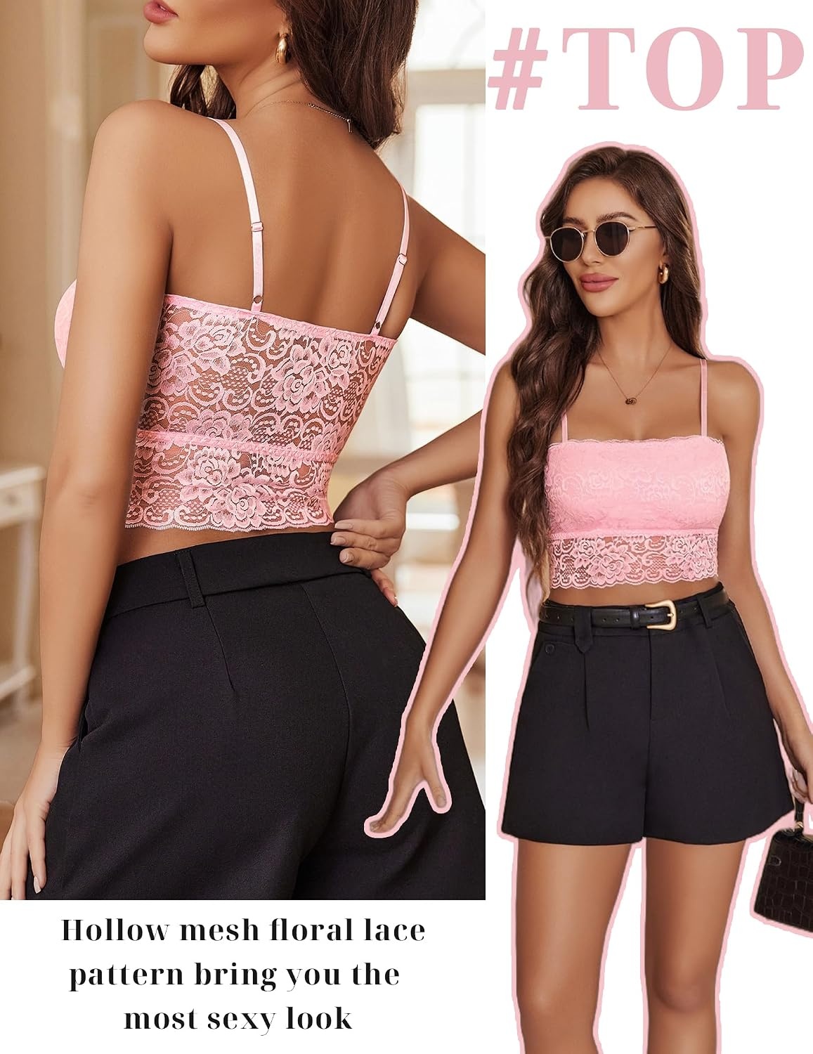 image:imageAvidlove Bralettes for Women Lace Spaghetti Strap Tank Top Tube Slim Basic CamisolePink