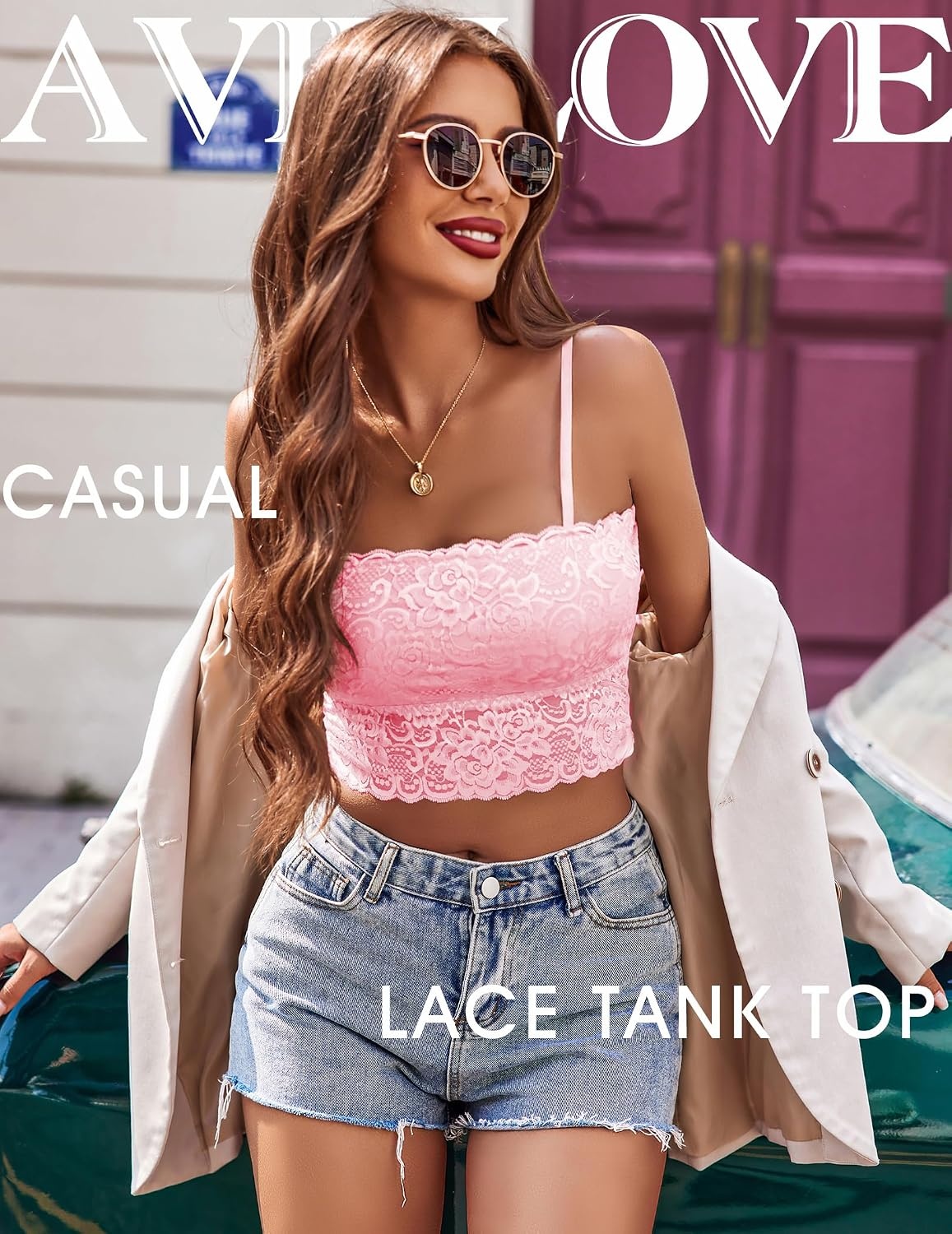 image:imageAvidlove Bralettes for Women Lace Spaghetti Strap Tank Top Tube Slim Basic CamisolePink