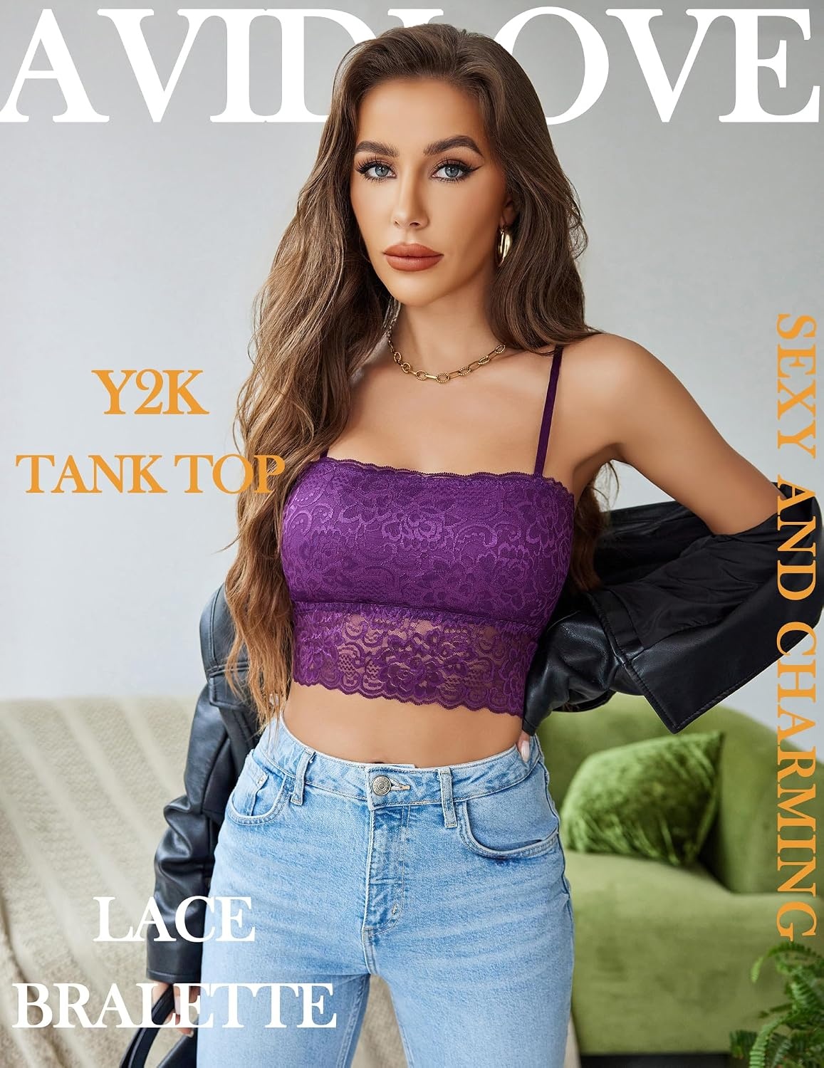 image:imageAvidlove Bralettes for Women Lace Spaghetti Strap Tank Top Tube Slim Basic CamisolePurple