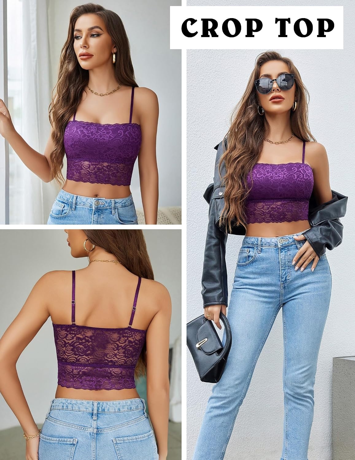 image:imageAvidlove Bralettes for Women Lace Spaghetti Strap Tank Top Tube Slim Basic CamisolePurple