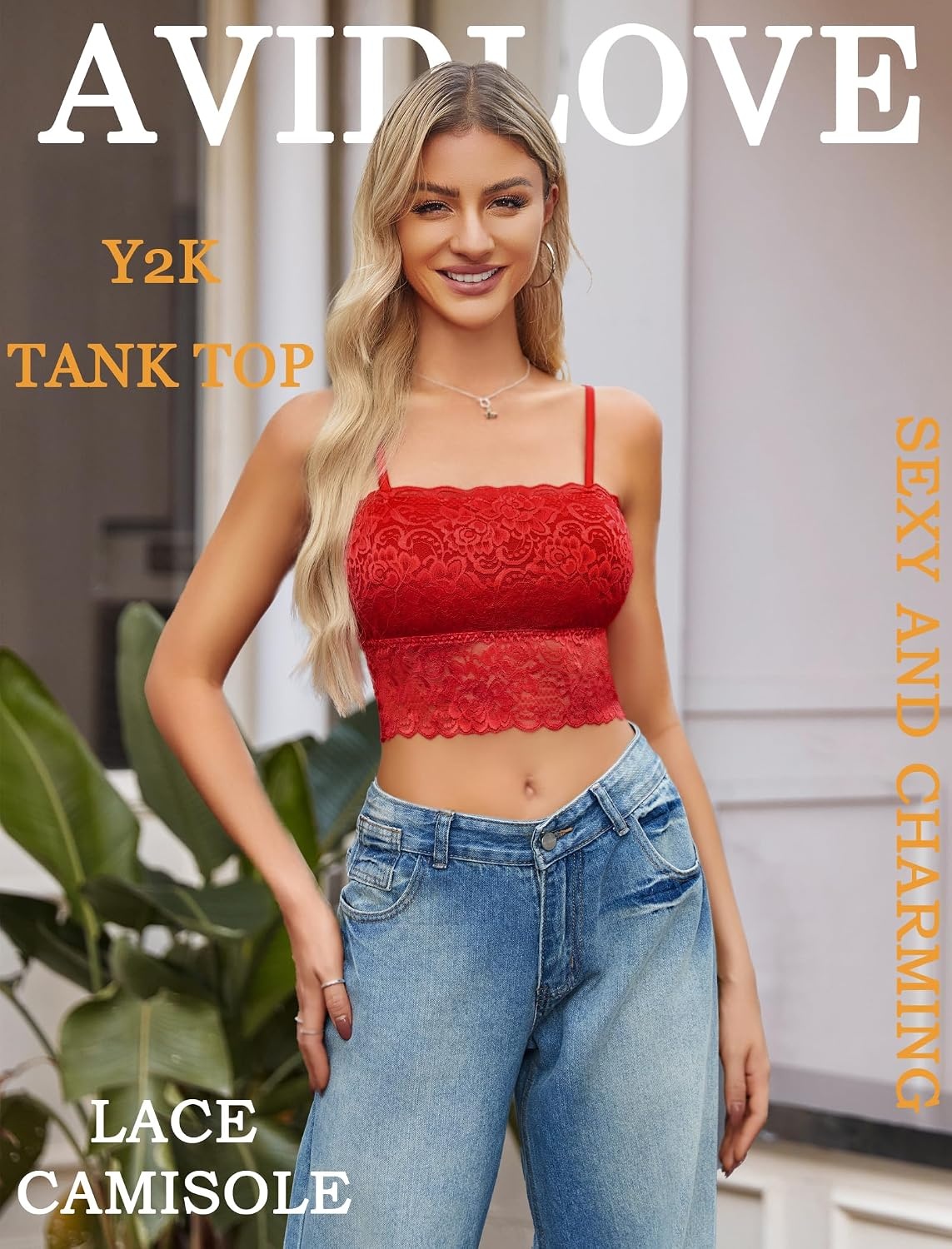 image:imageAvidlove Bralettes for Women Lace Spaghetti Strap Tank Top Tube Slim Basic CamisoleRed