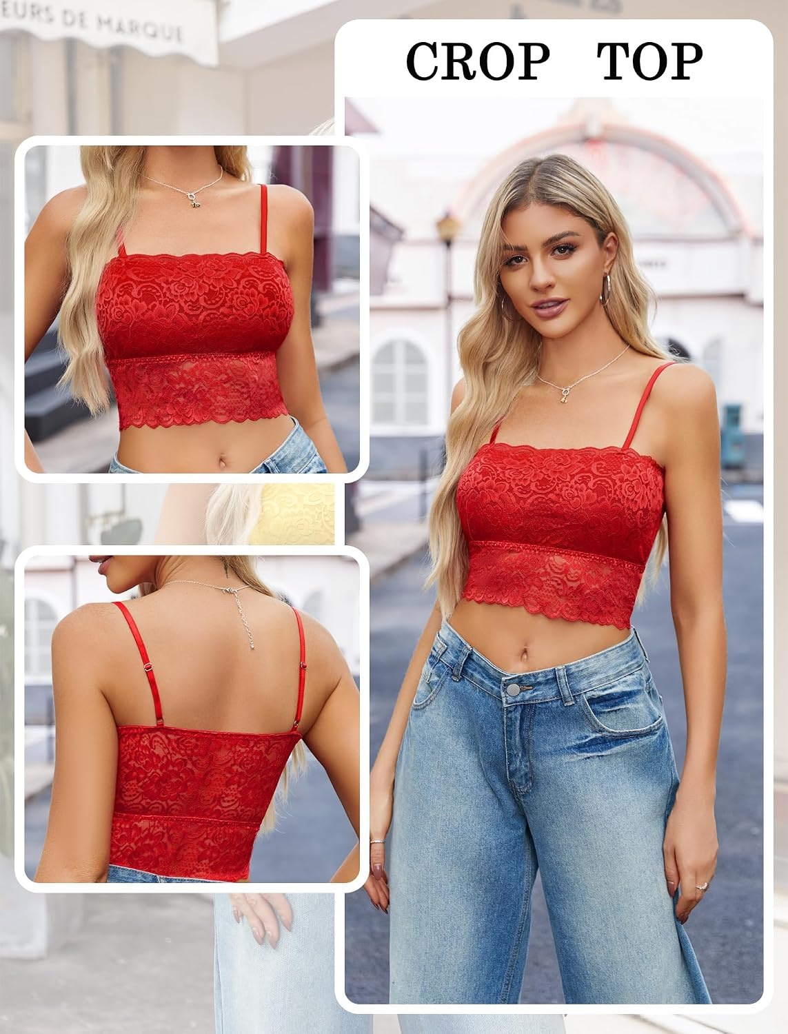image:imageAvidlove Bralettes for Women Lace Spaghetti Strap Tank Top Tube Slim Basic CamisoleRed