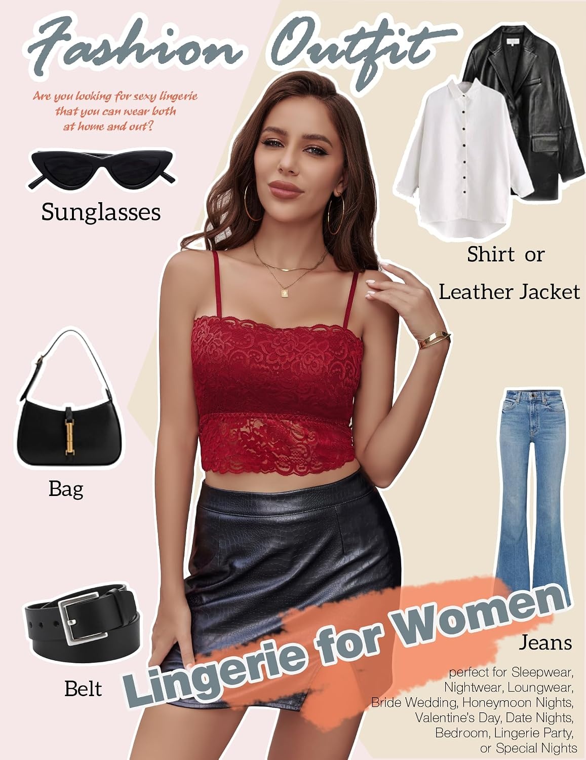 image:imageAvidlove Bralettes for Women Lace Spaghetti Strap Tank Top Tube Slim Basic CamisoleWine Red