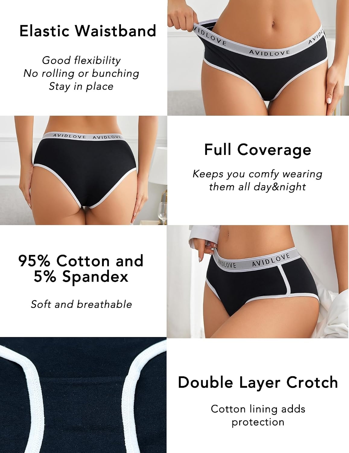 image:imageAvidlove Cotton Underwear for Women Hipster Panties Stretch Briefs Mid Rise Ladies Underpants Multipack4 Black