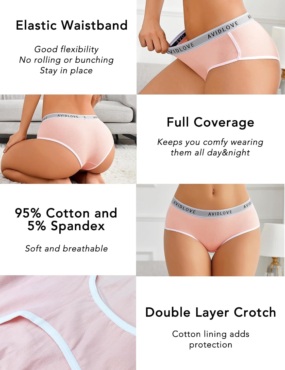 image:imageAvidlove Cotton Underwear for Women Hipster Panties Stretch Briefs Mid Rise Ladies Underpants MultipackBlackPinkGreen