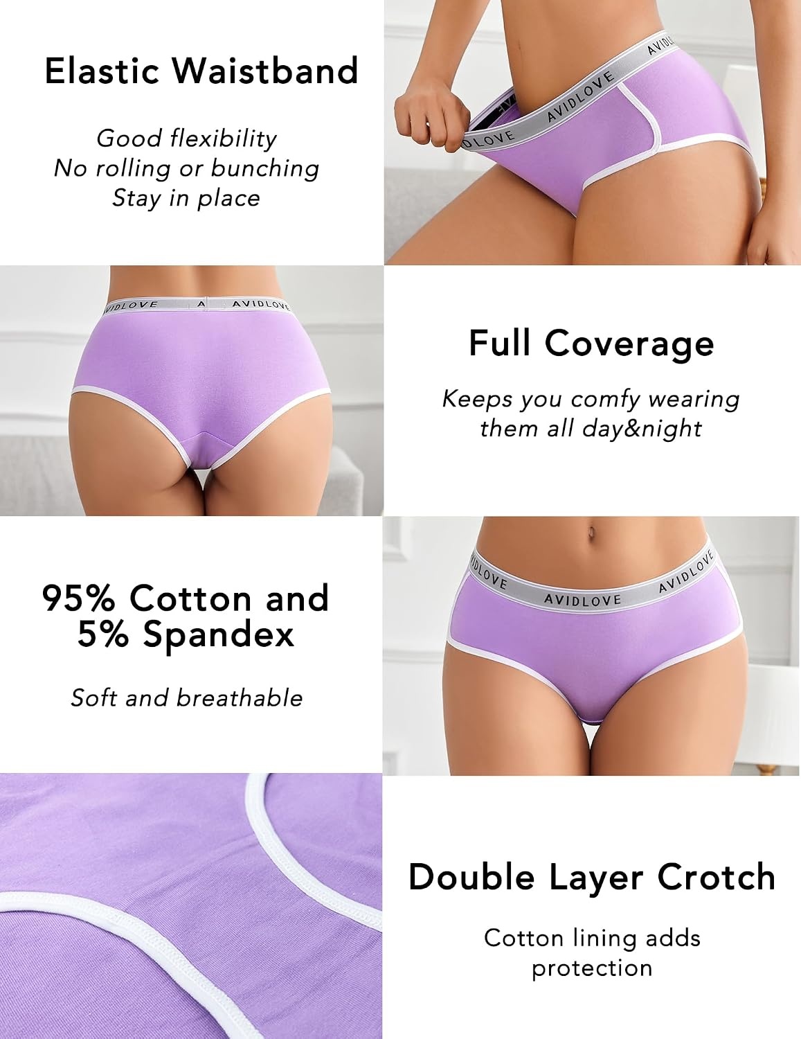 image:imageAvidlove Cotton Underwear for Women Hipster Panties Stretch Briefs Mid Rise Ladies Underpants MultipackNavy BlueRedGray PurplePurple