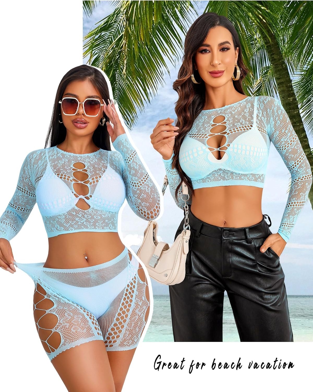 image:imageAvidlove Fishnet Lingerie Sets for Women Sexy Two Piece Rave Outfits Mesh Bodysuit ClubwearLight Blue