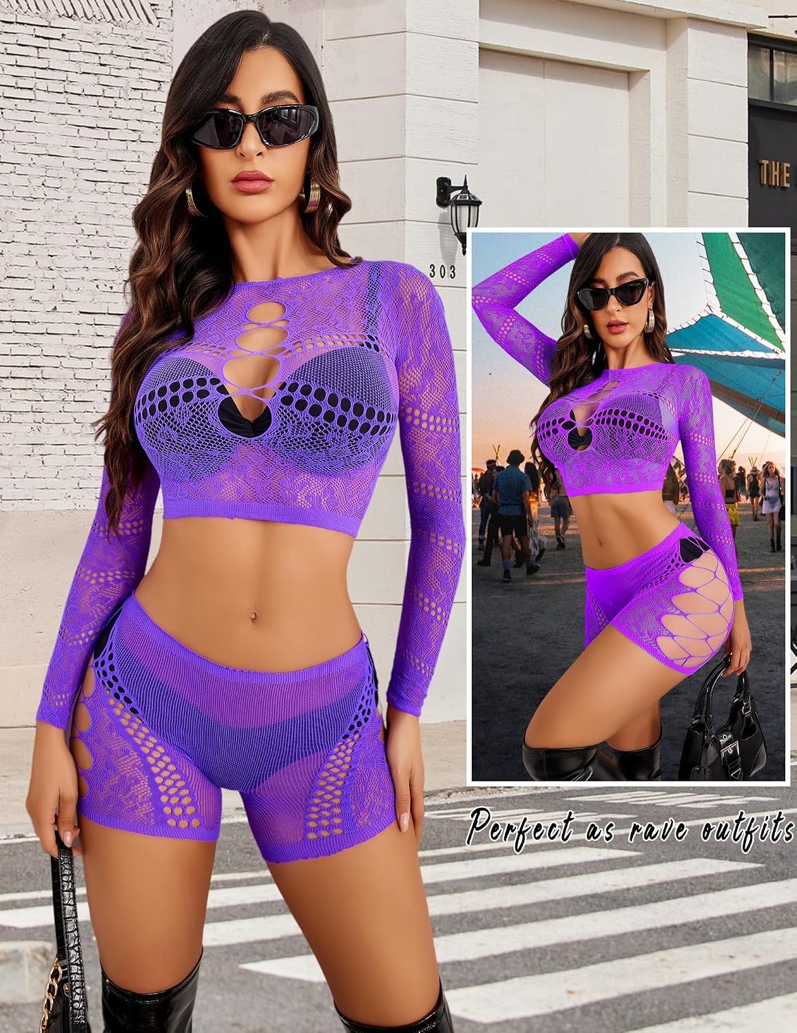 image:imageAvidlove Fishnet Lingerie Sets for Women Sexy Two Piece Rave Outfits Mesh Bodysuit ClubwearPurple