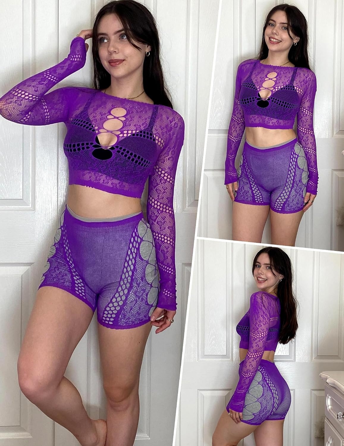 image:imageAvidlove Fishnet Lingerie Sets for Women Sexy Two Piece Rave Outfits Mesh Bodysuit ClubwearPurple