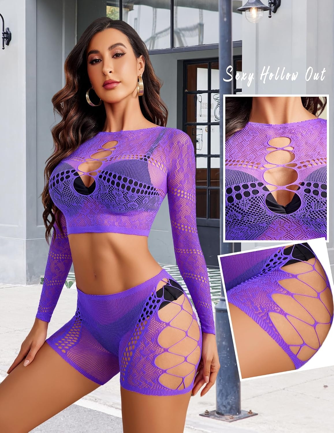 image:imageAvidlove Fishnet Lingerie Sets for Women Sexy Two Piece Rave Outfits Mesh Bodysuit ClubwearPurple
