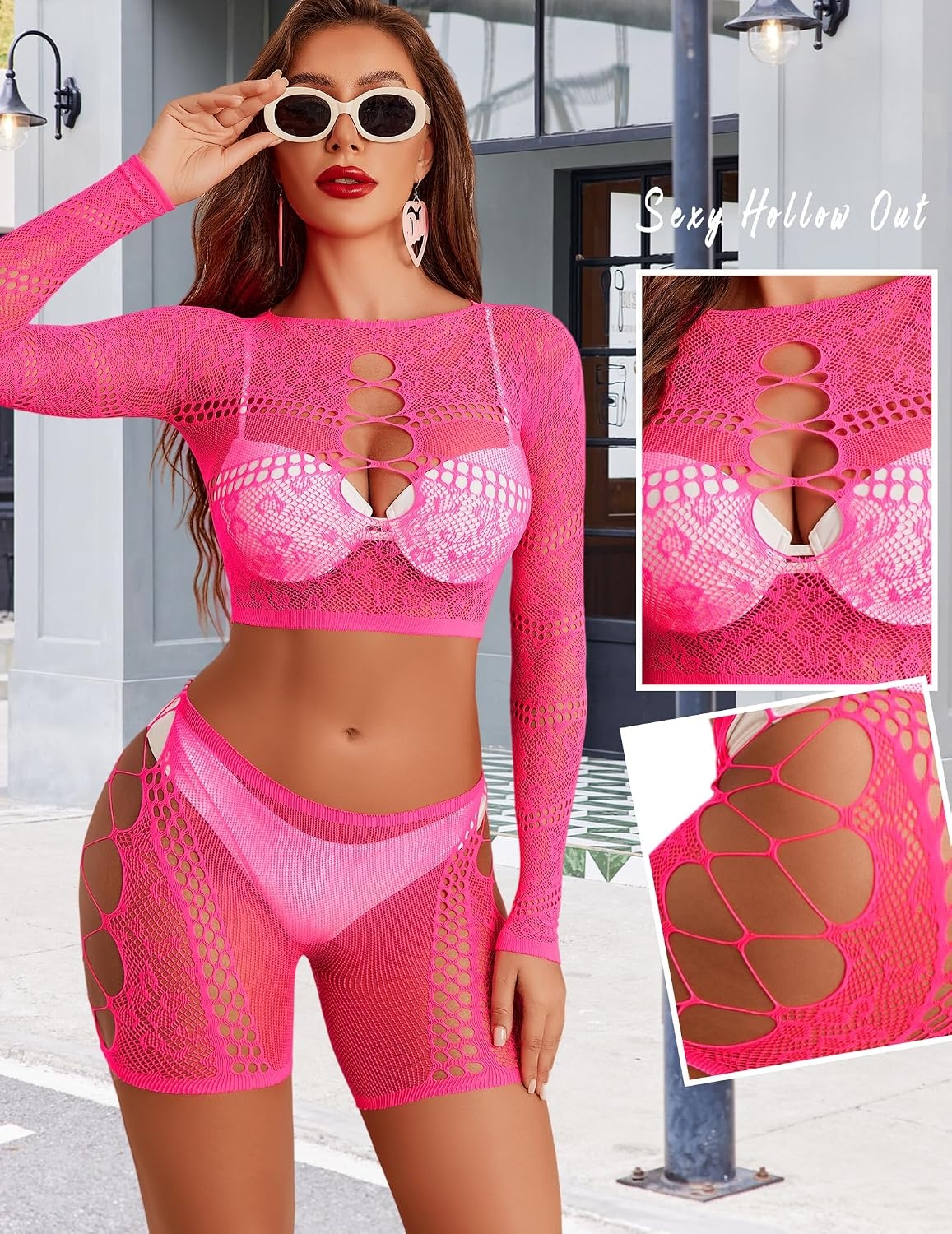 image:imageAvidlove Fishnet Lingerie Sets for Women Sexy Two Piece Rave Outfits Mesh Bodysuit ClubwearRose Pink