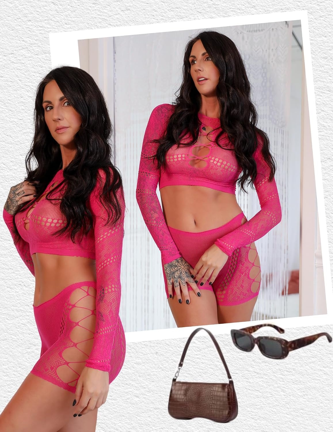 image:imageAvidlove Fishnet Lingerie Sets for Women Sexy Two Piece Rave Outfits Mesh Bodysuit ClubwearRose Pink