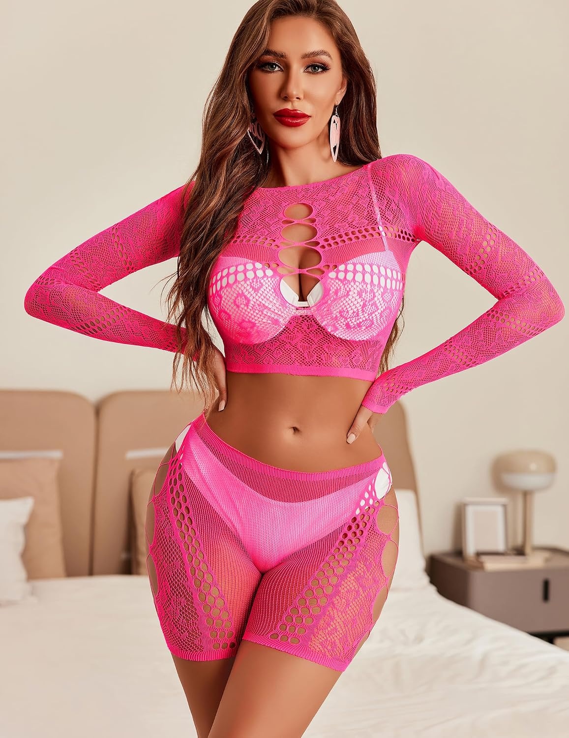 image:imageAvidlove Fishnet Lingerie Sets for Women Sexy Two Piece Rave Outfits Mesh Bodysuit ClubwearRose Pink