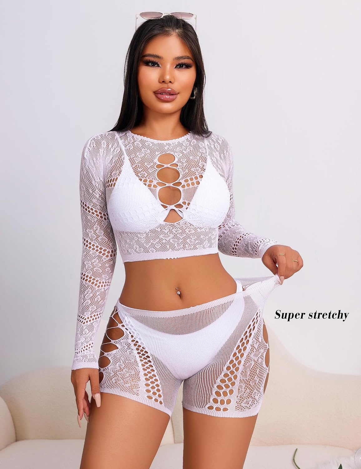 image:imageAvidlove Fishnet Lingerie Sets for Women Sexy Two Piece Rave Outfits Mesh Bodysuit ClubwearWhite