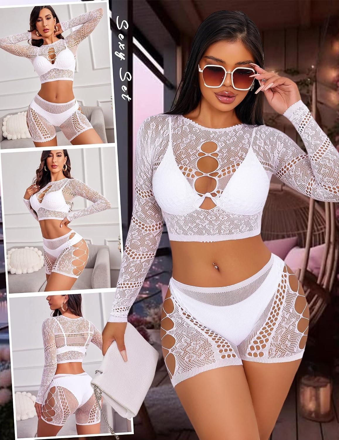 image:imageAvidlove Fishnet Lingerie Sets for Women Sexy Two Piece Rave Outfits Mesh Bodysuit ClubwearWhite