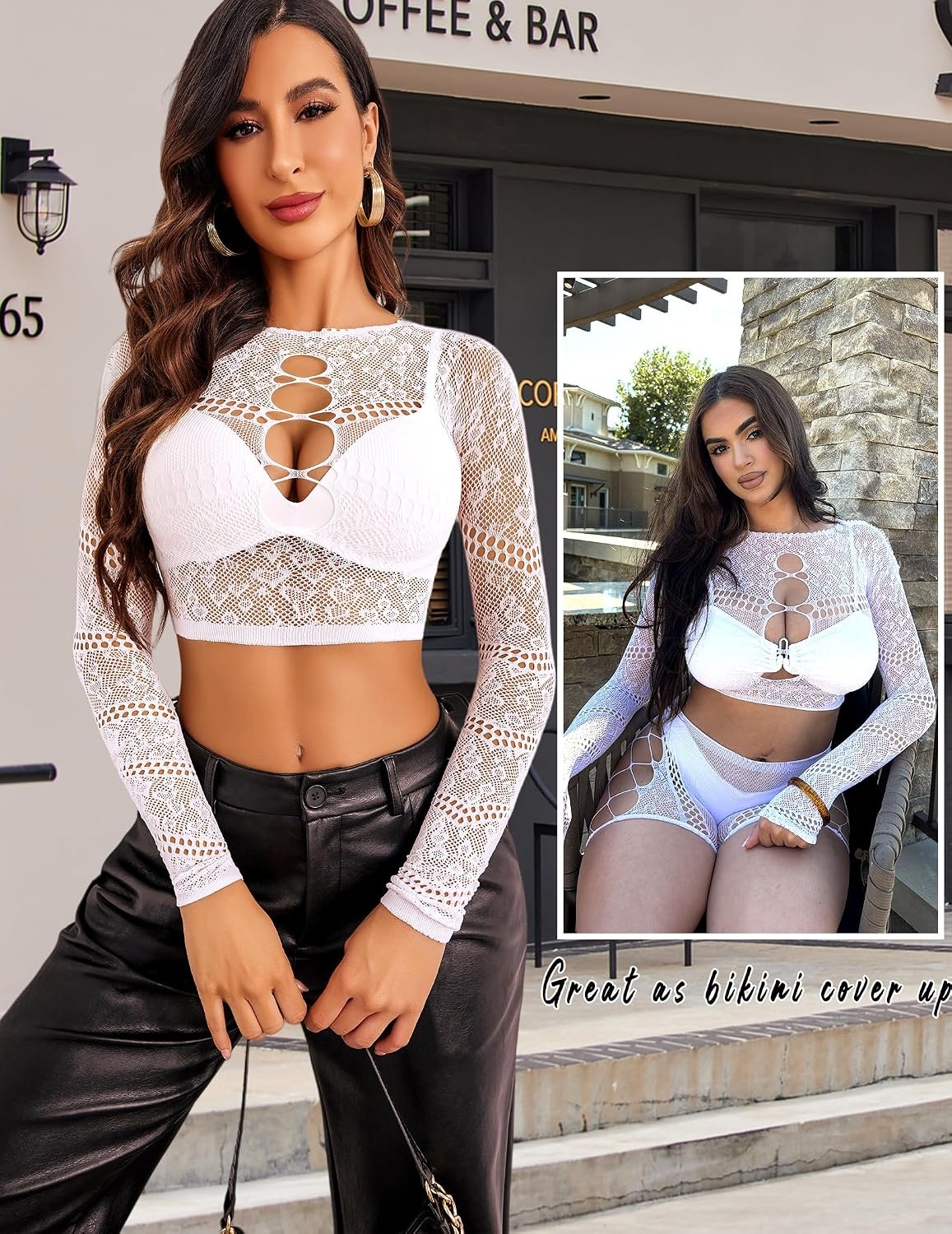 image:imageAvidlove Fishnet Lingerie Sets for Women Sexy Two Piece Rave Outfits Mesh Bodysuit ClubwearWhite