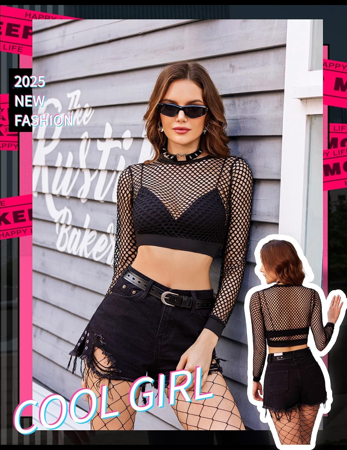 image:imageAvidlove Fishnet Top Women Mesh Long Sleeve Crop Blouse See Through Shirt Rave Goth XS3XLAblack