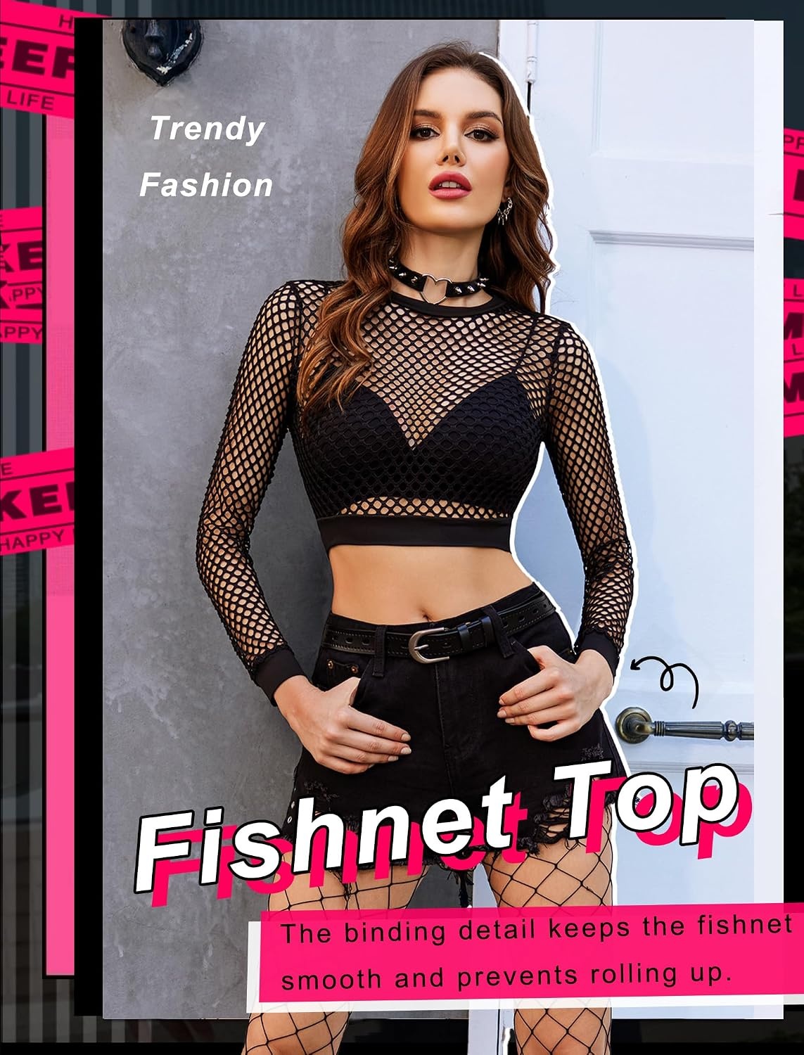 image:imageAvidlove Fishnet Top Women Mesh Long Sleeve Crop Blouse See Through Shirt Rave Goth XS3XLAblack