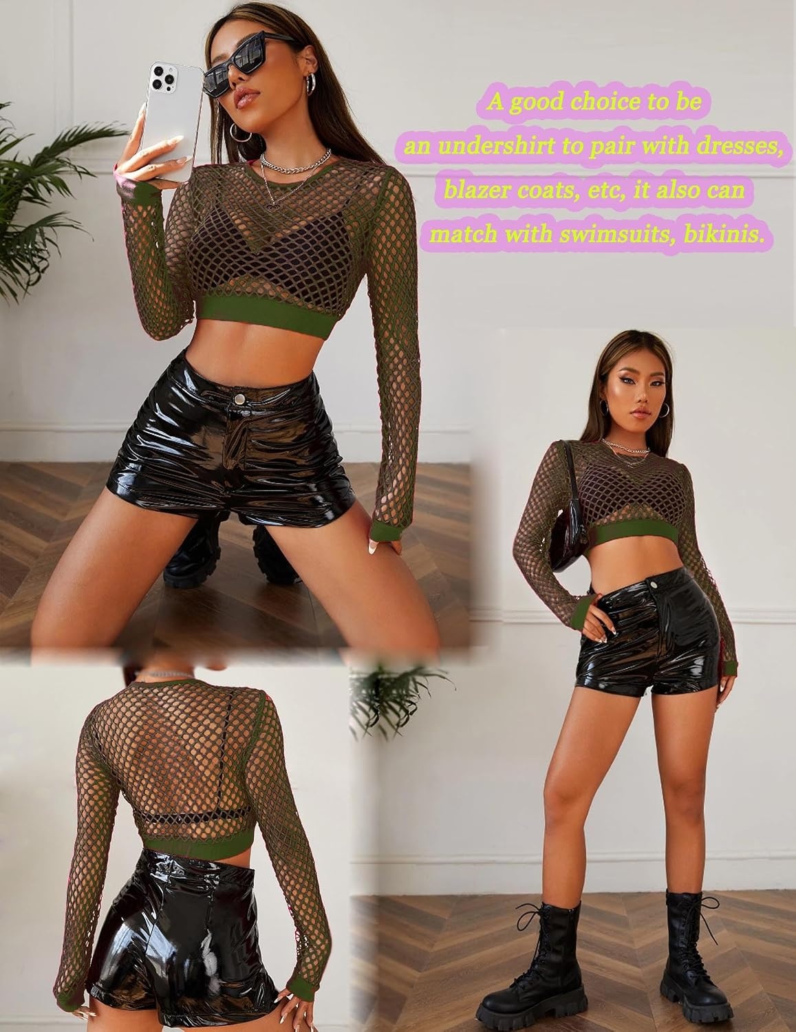 image:imageAvidlove Fishnet Top Women Mesh Long Sleeve Crop Blouse See Through Shirt Rave Goth XS3XLArmy Green