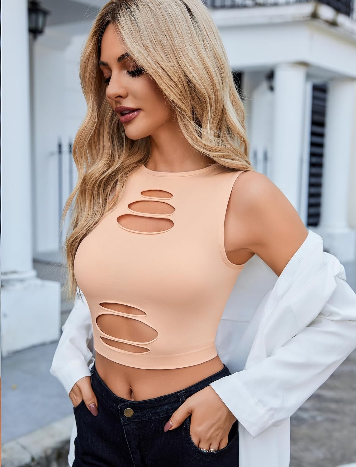 image:imageAvidlove Fishnet Top for Women Sexy Cut Out Crop Short Hollow Out Cropped Tank TopBeige