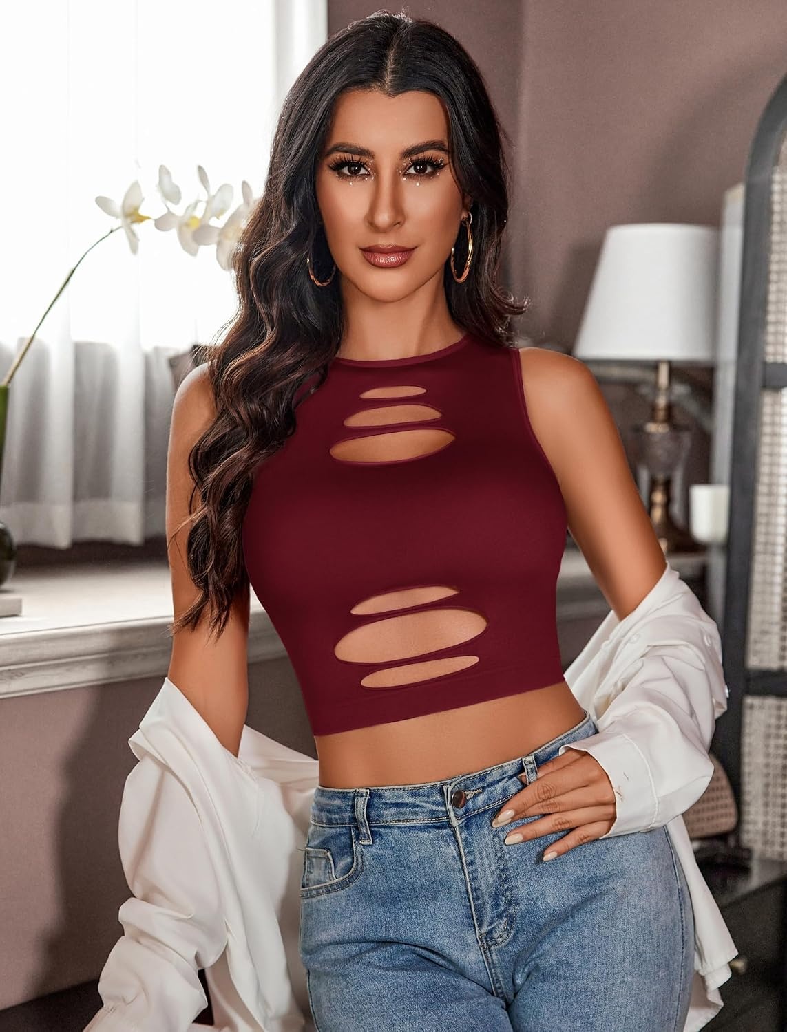 image:imageAvidlove Fishnet Top for Women Sexy Cut Out Crop Short Hollow Out Cropped Tank TopDark Red