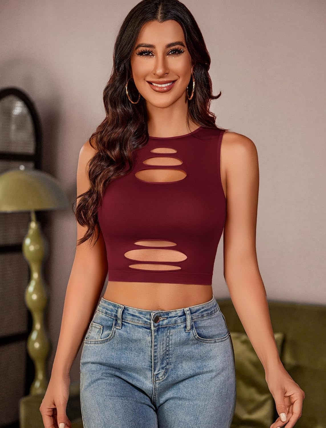 image:imageAvidlove Fishnet Top for Women Sexy Cut Out Crop Short Hollow Out Cropped Tank TopDark Red