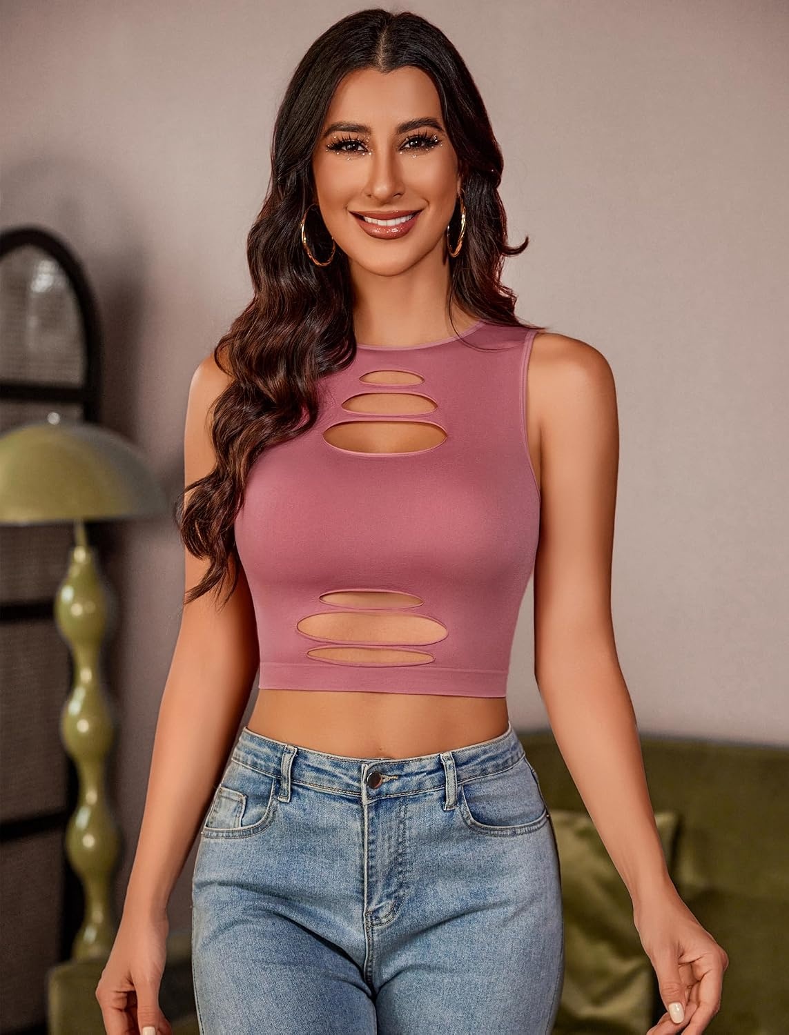image:imageAvidlove Fishnet Top for Women Sexy Cut Out Crop Short Hollow Out Cropped Tank TopPink